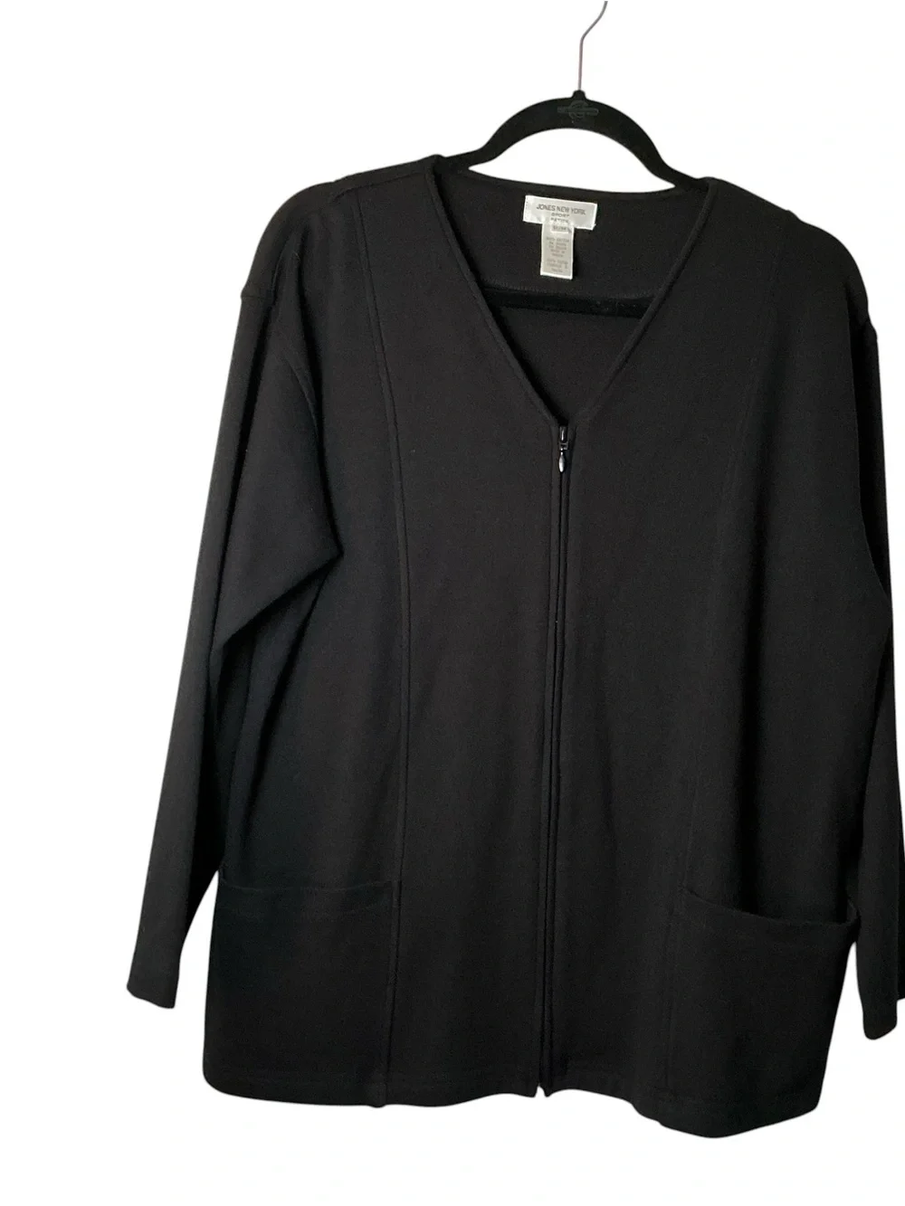 Jones New York Petite Medium Black Cotton Full Zip Knit Jacket Cardigan Pockets